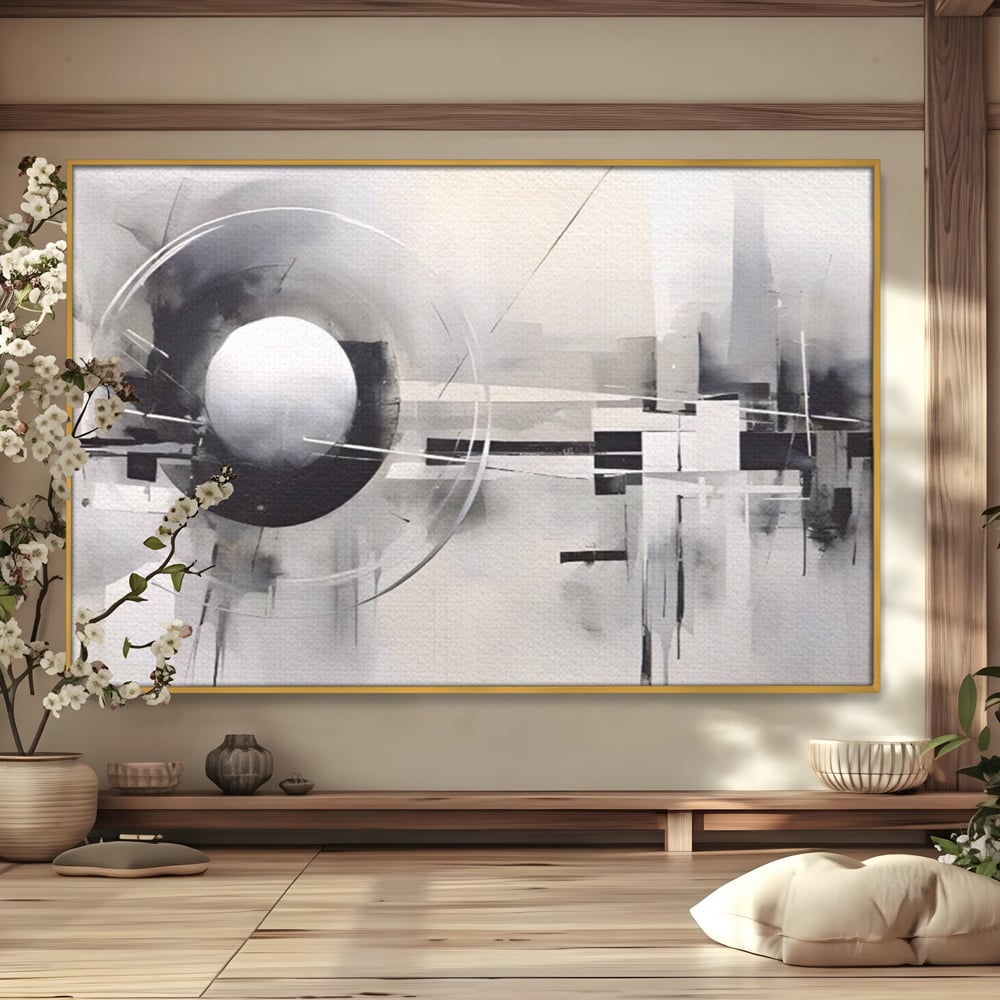 Tablou canvas cu pictura abstracta cu sfera si cercuri, in rama de aluminiu auriu